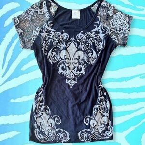 Y2k Emo Mcbling Black Graphic Bedazzled Tee ~ Size M-L